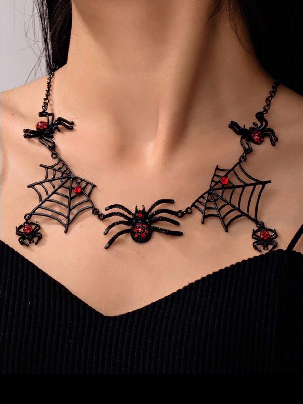 Black Spider Web Necklace with Red Accents - Women's Jewelry